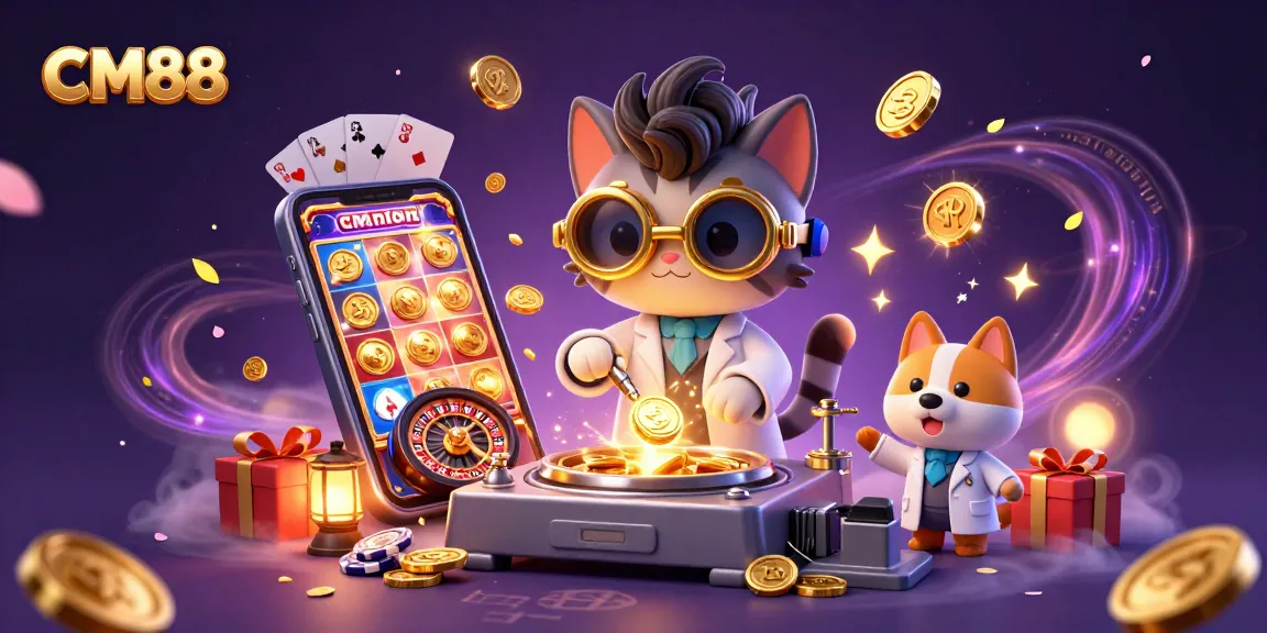 Engage in dynamic gaming action with CM88's cartoon characters amid vibrant casino elements.