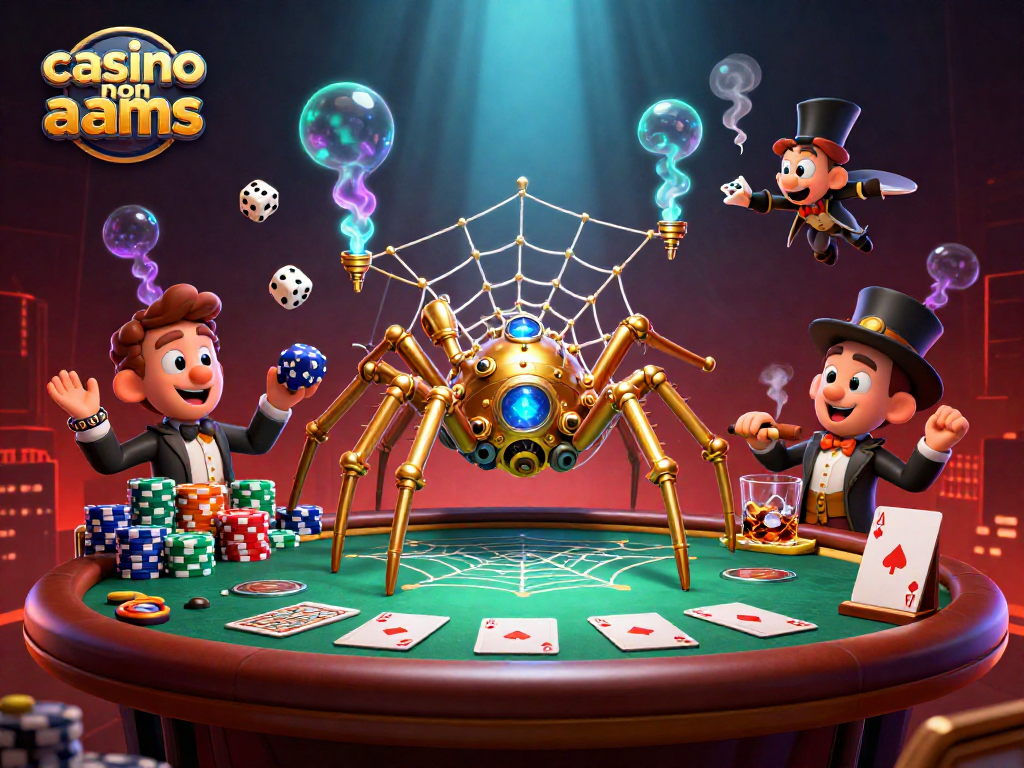 Illustrazione 3D di un ragno steampunk che crea una rete di casinò non AAMS con elementi di gioco e dettagli metallici.
