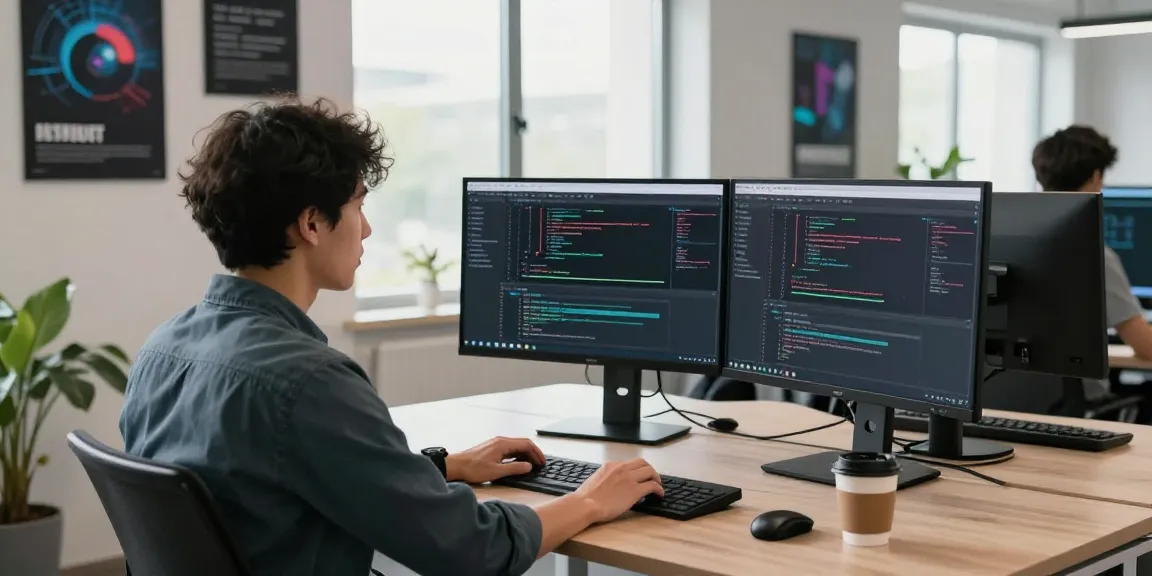 快连 technology workspace with a developer coding on multiple monitors in a bright office