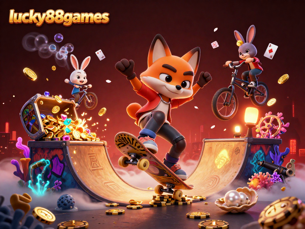 Experience gaming thrills with lucky88games, a vibrant 3D scene featuring a fox and rabbit in an energetic casino adventure.
