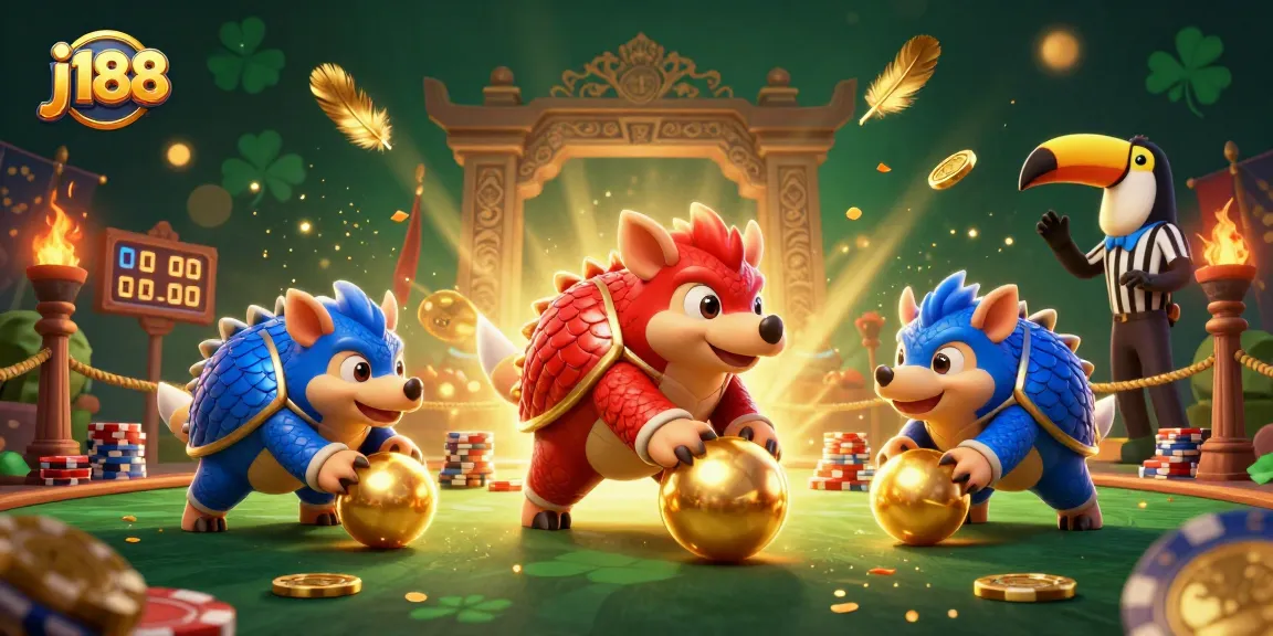 Experience the vibrant j188 casino world as pangolins roll golden balls through poker chips.