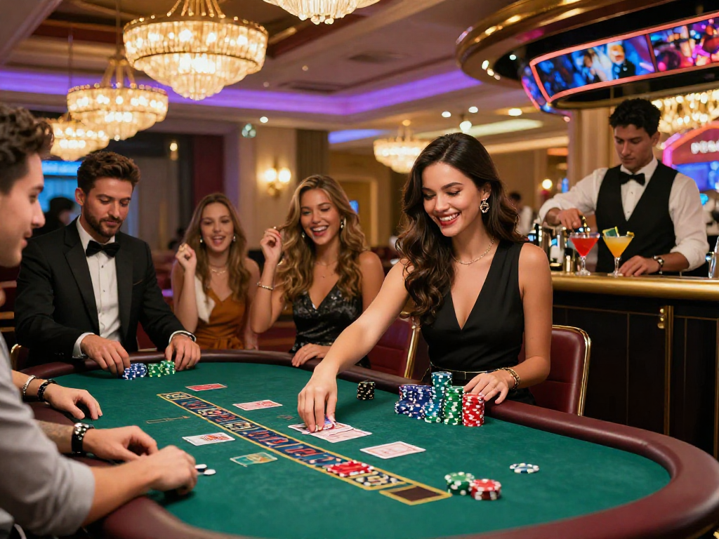Giocatori entusiasti coinvolti in un gioco di blackjack in un casinò non AAMS, circondati da luci brillanti e atmosfera vivace.