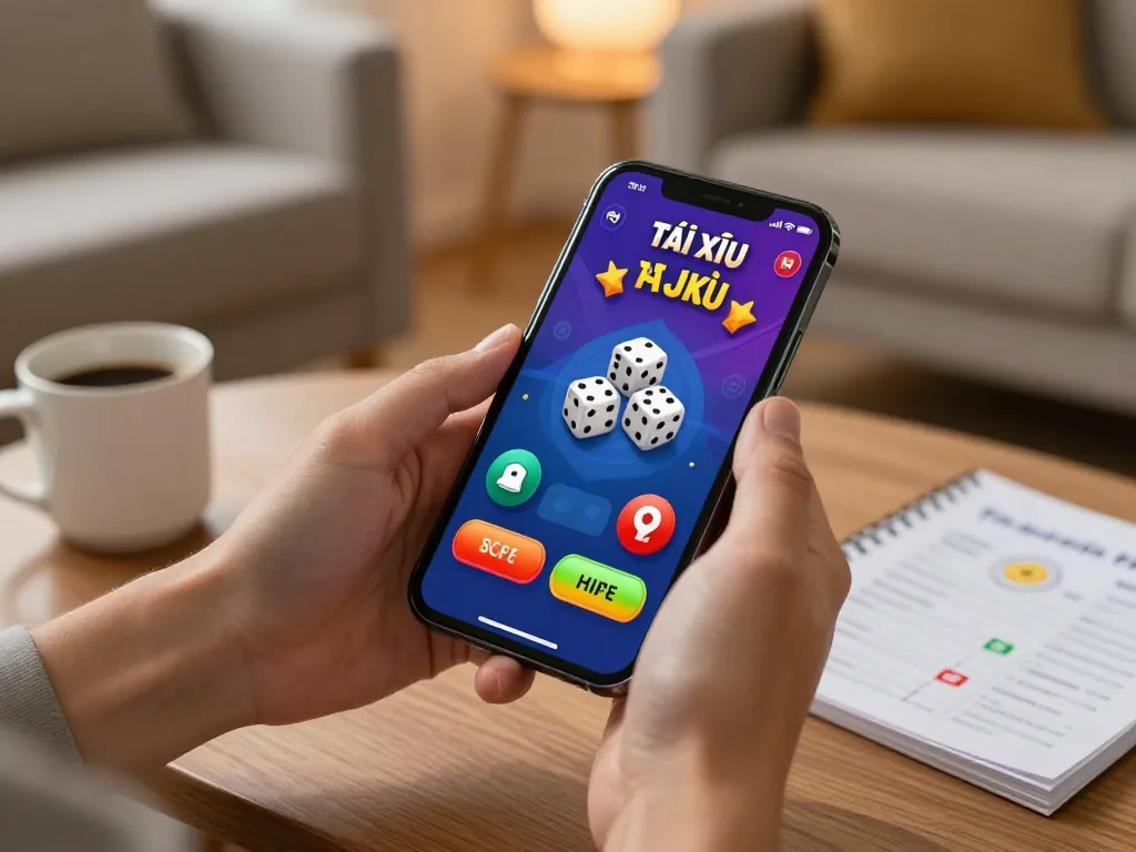 Engaging with app tài xỉu online on smartphone, showcasing the excitement of mobile gambling in a cozy home.