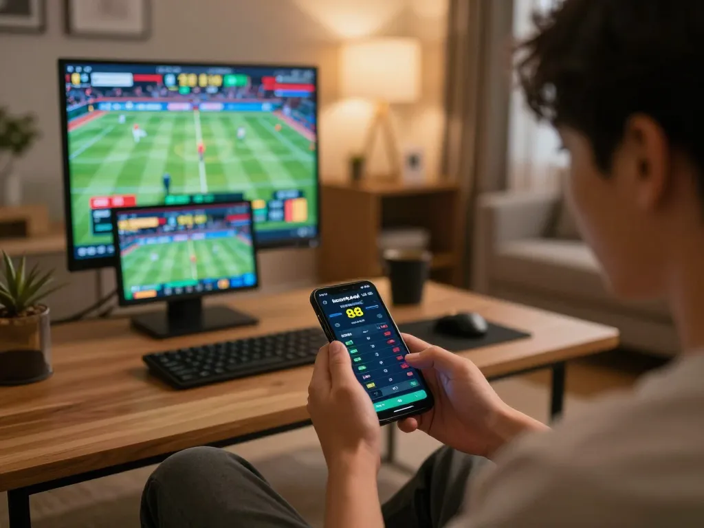 Engaged player reviewing keonhacai 88 sports betting odds on smartphone in vibrant home setting.