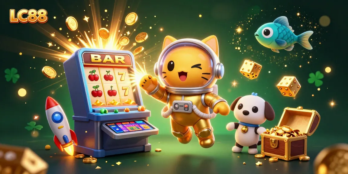 Engage with LC88 through vibrant casino-themed visuals featuring a playful space cat and dynamic gaming elements.