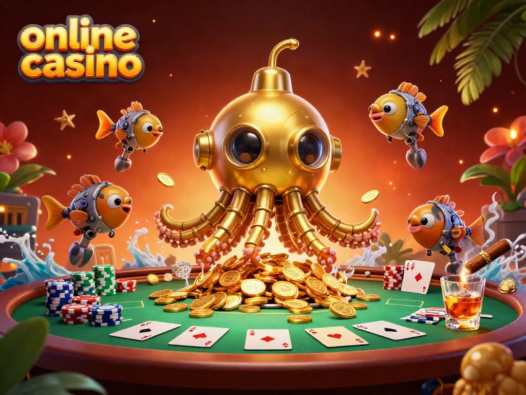 Engage in thrilling online casino gameplay with a golden kraken submarine, poker elements, and underwater treasures.