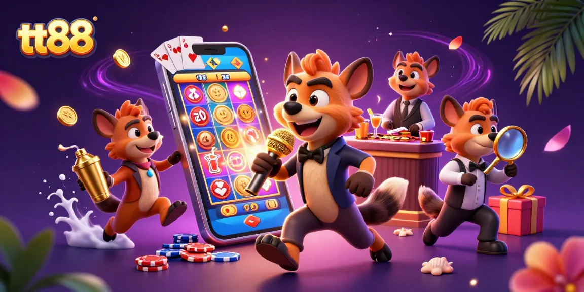 tt88 hyenas entertain in a vibrant casino with exciting slot games and colorful decor.