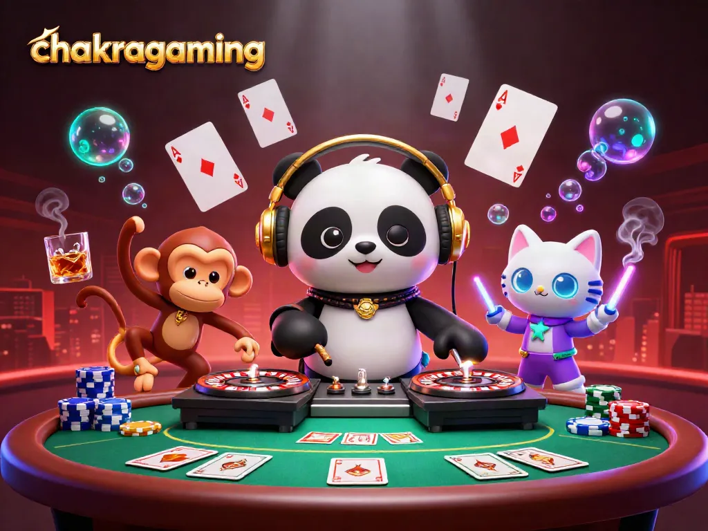 Experience the excitement of chakragaming with a DJ panda, dancing monkey, and glow-stick kitten amidst vibrant casino elements.