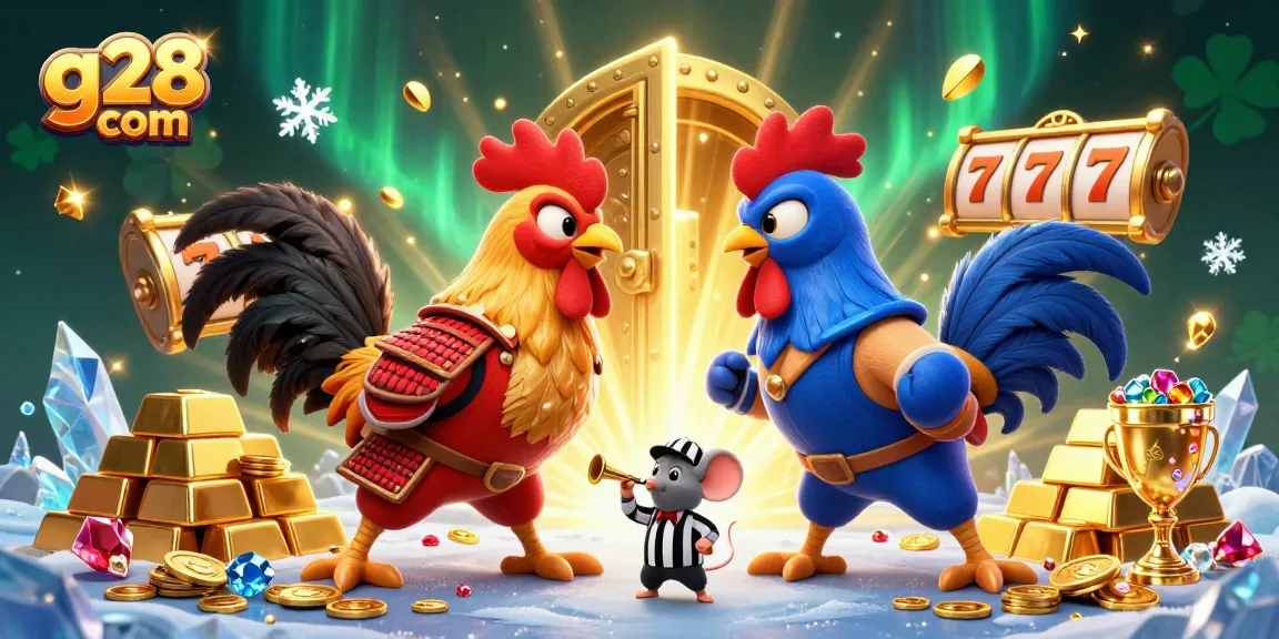 Engage in thrilling action with g28 com as fighting roosters duel amidst dynamic slot gaming elements.