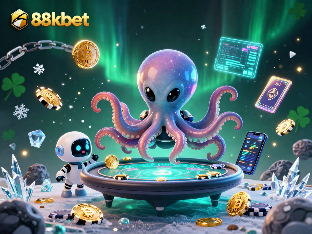 Engage with 88kbet in a vibrant 3D universe where a cosmic octopus plays poker amidst Bitcoin and Ethereum coins.
