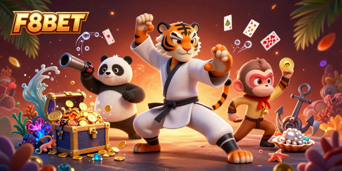 Experience F8BET's thrilling casino action with dynamic characters amidst treasure and vibrant gaming elements.