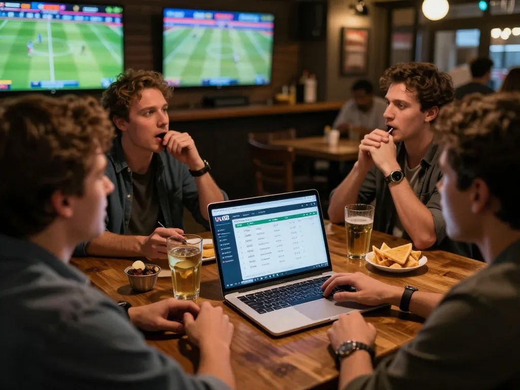 Engaged sports bettor using uu88 app while friends cheer in a lively bar setting.