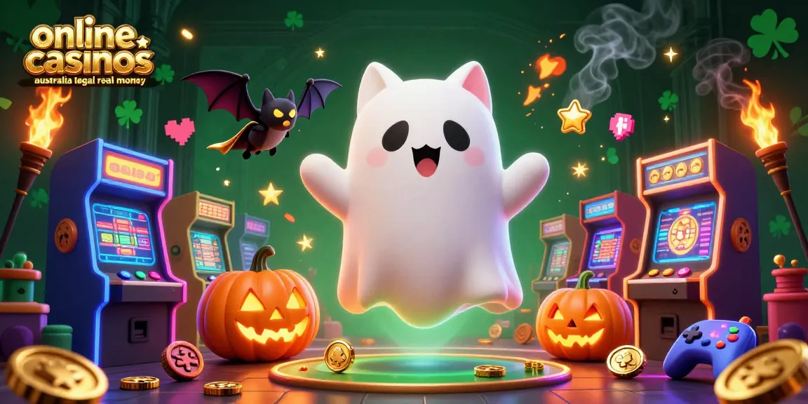 Play exciting games at online casinos australia legal real money featuring a ghost cat and a vampire bat in a rich, haunted setting.