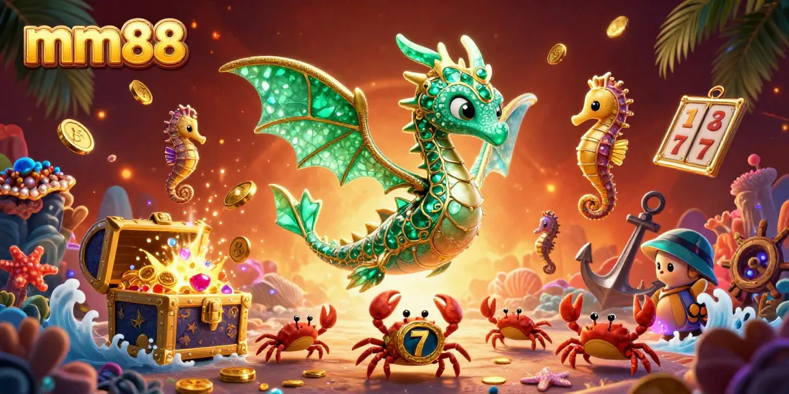 Experience vibrant slot gaming with mm88, featuring enchanting sea dragon and treasure-filled underwater scene.