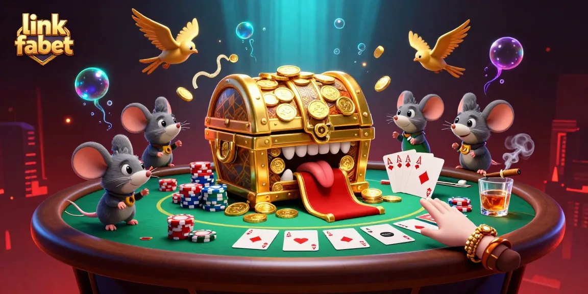 Engage with the vibrant scene showcasing link fabet's treasure chest luring adventurer mice amid poker excitement.
