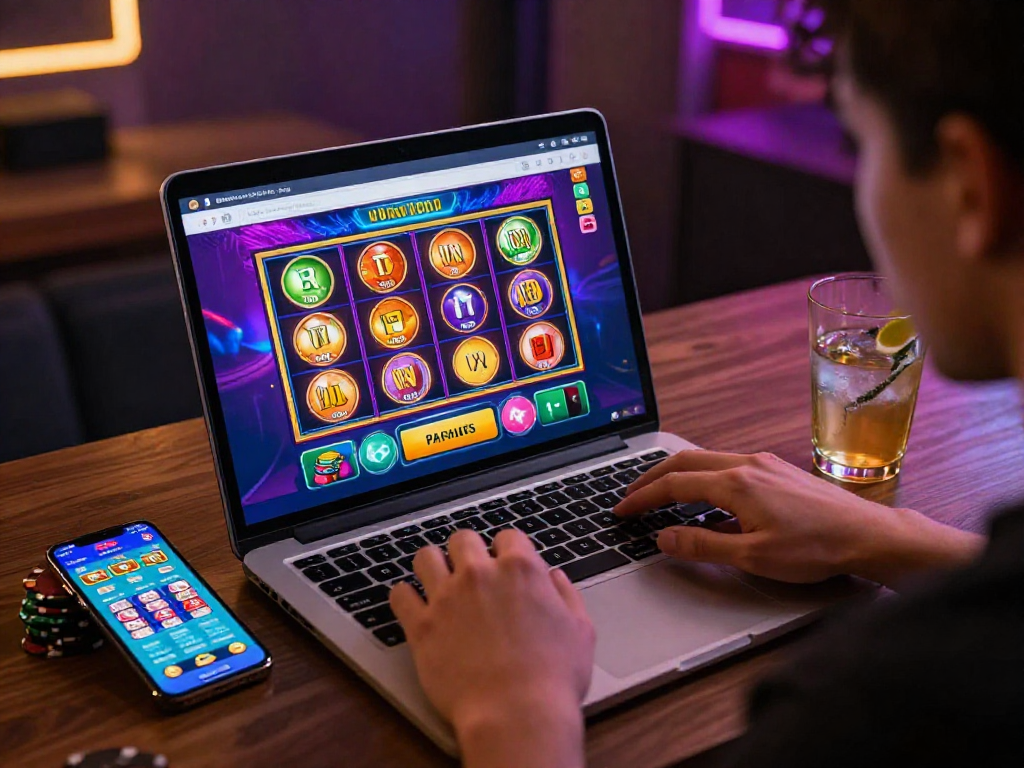 Casinò non AAMS: Giocatore coinvolto nell'azione di gioco online con interfaccia vibrante e smartphone accanto.