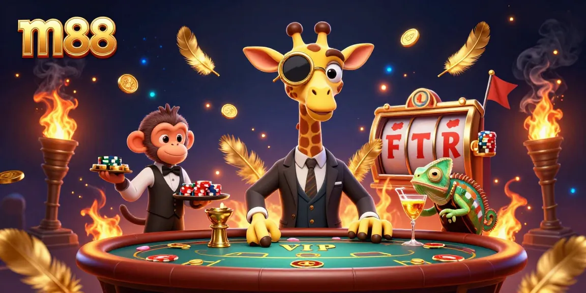 Experience vibrant gameplay with m88 as a giraffe, monkey, and chameleon celebrate victory at a casino.