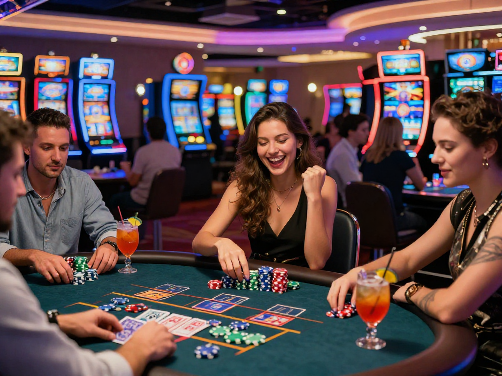 Giocatori emozionati in un casinò non AAMS, divertendosi attorno a un tavolo da gioco con fiches colorate e luci brillanti.
