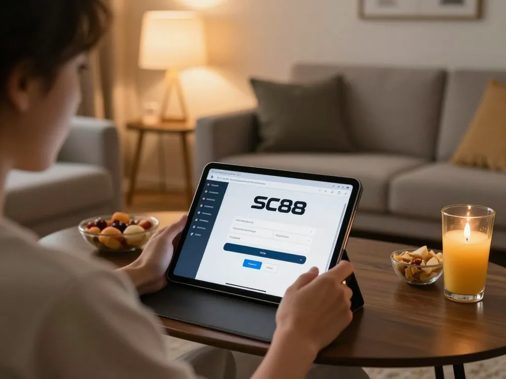 Engaging in SC88 đăng nhập with tablet at home, showcasing modern decor and cozy atmosphere.