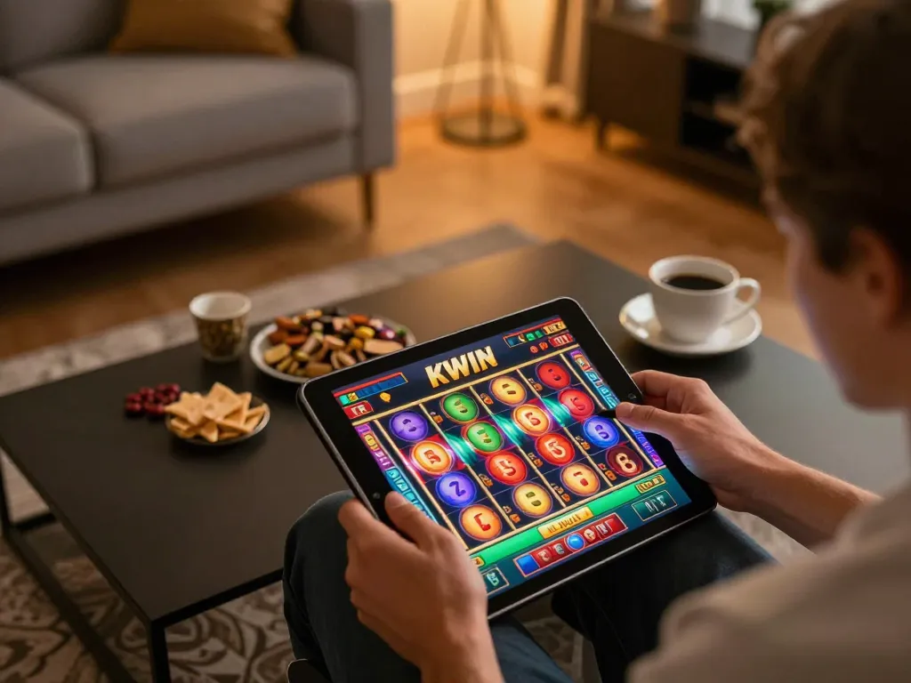 KWIN gameplay on a tablet showcasing spinning slot reels in a cozy home gaming setup.