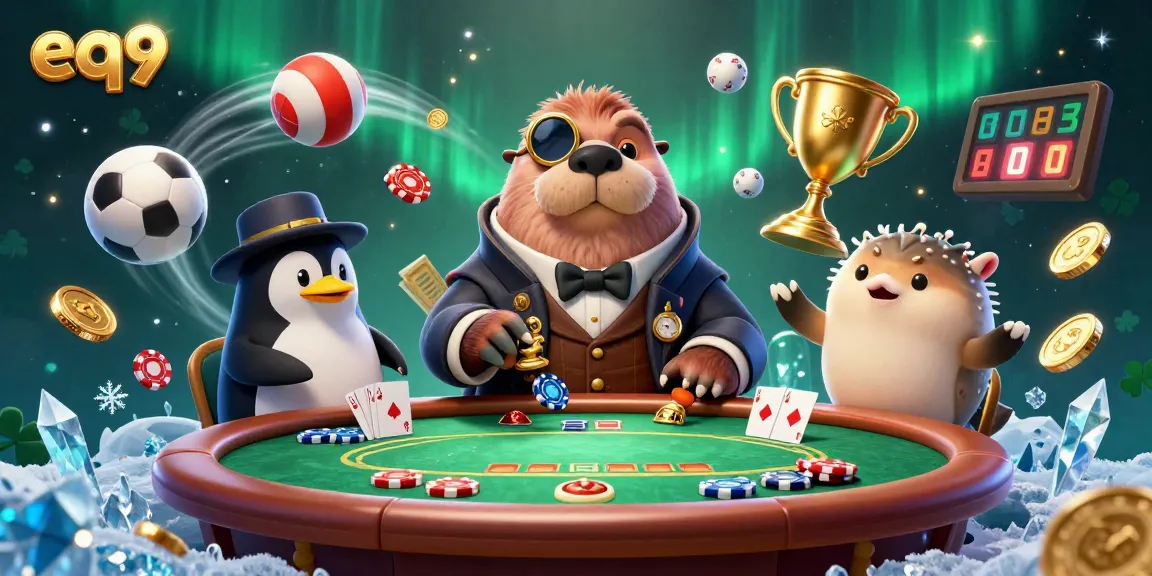 Engage in thrilling poker action at eq9's underwater casino with a walrus player and a sophisticated dealer.