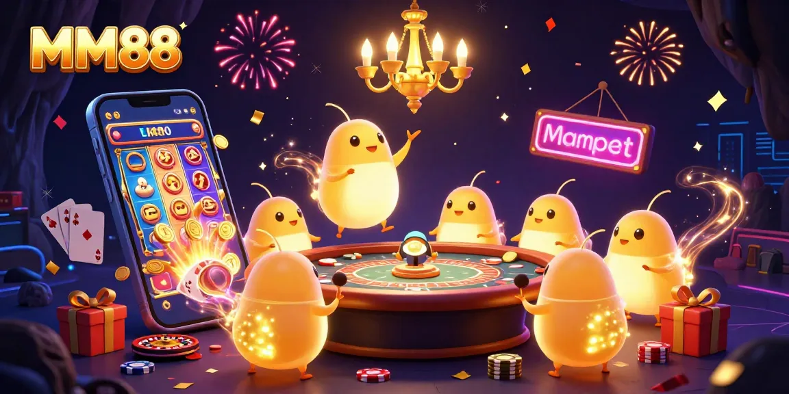 Experience MM88's immersive casino with glowworms lighting the way alongside vibrant games and festive elements.