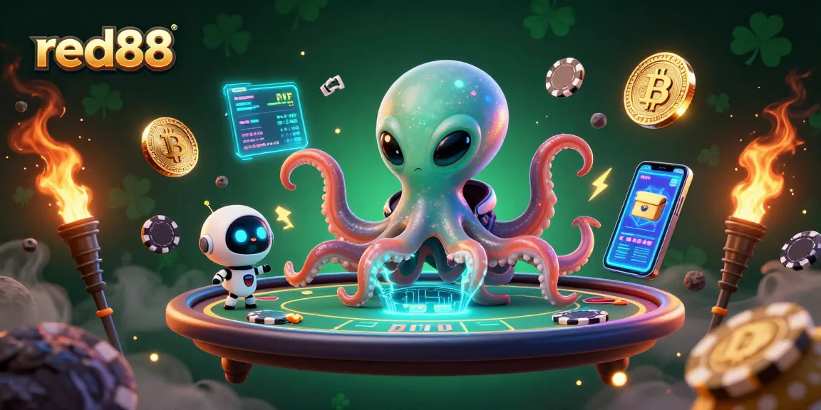 Experience the excitement of red88's space-themed poker table with alien characters and digital currency elements.