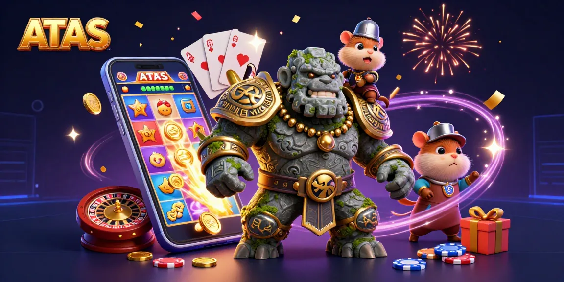 Experience ATAS slot games with lively characters celebrating big wins in this vibrant casino illustration.
