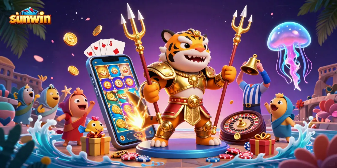 Experience thrilling jackpot action with sunwin's dynamic casino illustration featuring sharks and slots.